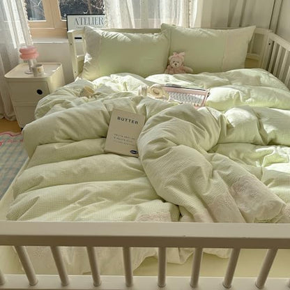 mixinni Green Gingham Duvet Cover Full Size - 3 Piece Cottagecore Plaid Bedding Set with Lace Trim, Soft Washed Microfiber Vintage Aesthetic Grid Comforter Cover & Pillow Shams, (Green White Gingham)