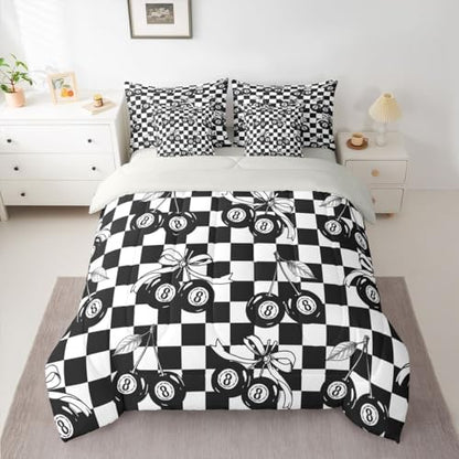Erosebridal Black and White Checkered 7 Piece Bedding Set Twin Y2K Lucky 8 Ball Comforter Set for Kids Boys Girls,Fashion Coquette Cherry Bow Bed in A Bag with Sheets Trendy Aesthetic Preppy Bed Set