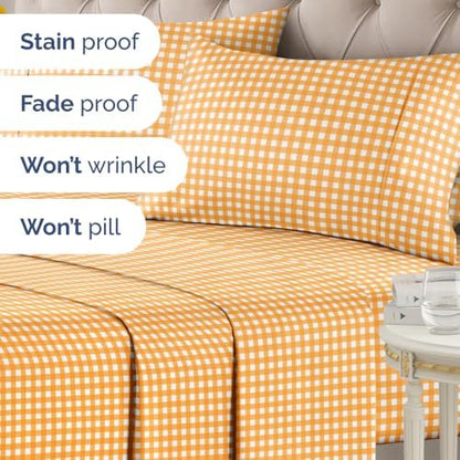 Cal King 4 Piece Striped Sheet Set - Breathable & Cooling - Orange Gingham