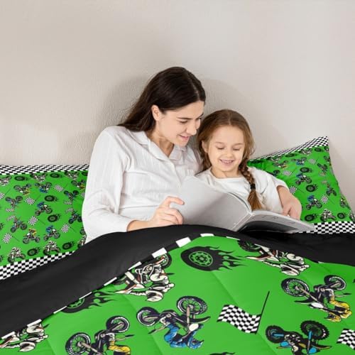 Feelyou Dirt Bike Comforter Set All Season Racing Motocross Rider Bedding Set with 2 Pillow Cases Motorbike Kids Queen Bedclothes Extreme Sports Decor Motorcycle Duvet Quilt Soft Lightweight