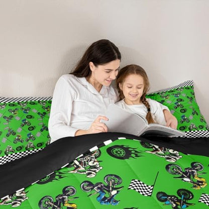 Feelyou Dirt Bike Comforter Set All Season Racing Motocross Rider Bedding Set with 2 Pillow Cases Motorbike Kids Queen Bedclothes Extreme Sports Decor Motorcycle Duvet Quilt Soft Lightweight