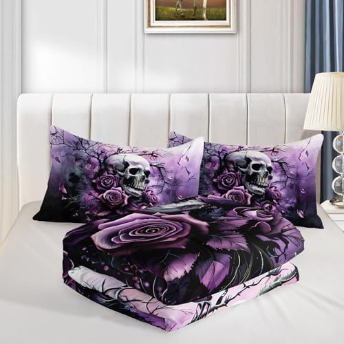 HOSIMA Floral Death Skull Queen Bedding Sets for Women with 2 Pillowcases.