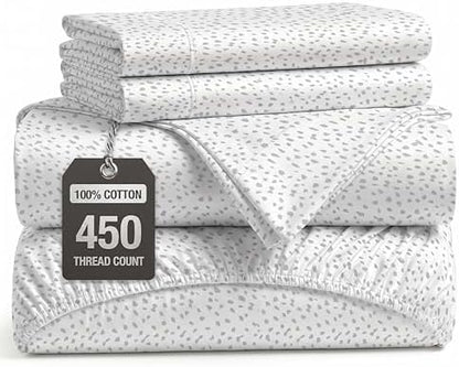 LANE LINEN King Size Bed Sheets Set - 450 Thread Count Sateen Weave for Smooth & Silky Feel On Skin - Breathable 100% Cotton Sheets for Single Beds - Fits Mattresses Upto 15'' Deep - Misty Dot