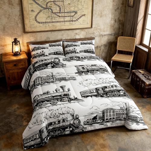 Manfei Train Comforter Set - Twin Size Retro Steam Locomotive Down Comforter with 1 Pillowcase - Vintage Train Bedding Set 2pcs for Kids Boys Adults Bedroom Decor - Lightweight Duvet Insert