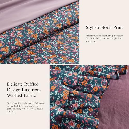 BLOOMHAVEN Full Size Comforter Sets-7 Pieces Floral Ruffle Bedding Set