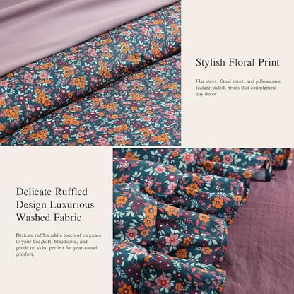 BLOOMHAVEN Full Size Comforter Sets-7 Pieces Floral Ruffle Bedding Set