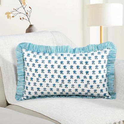 CPC Block Print Arctic Blue Ruffle Cotton Lumbar Pillow Cover 12x20 inch