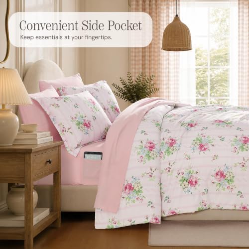 BLOOMHAVEN Queen Comforter Set-7 Pieces Pink Floral Bed in a Bag Queen