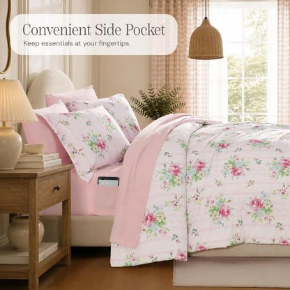 BLOOMHAVEN Full Size Comforter Sets-7 Pieces Pink Floral Bed in a Bag