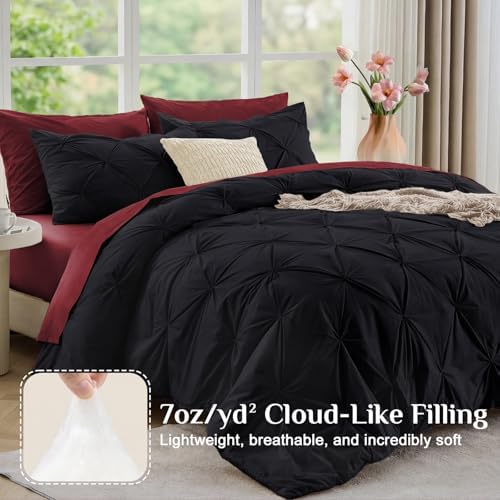 JOLLYVOGUE Queen Comforter Set 7 Pieces - Bed in a Bag Queen for All Season, Pintuck Bedding Comforter Sets with Comforter, Flat Sheet, Fitted Sheet and Pillowcases & Shams, Black & Burgundy