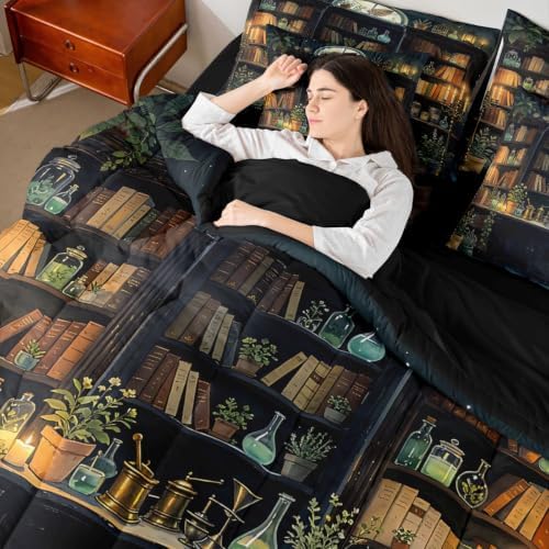 Erosebridal Gothic Witchy 7 Piece Bedding Set Full Dark Academia Bookshelf Comforter Set with Sheets Vintage Witchy Bookshelf Bed in a Bag Gothic Book Lover Bed Sets Comforter
