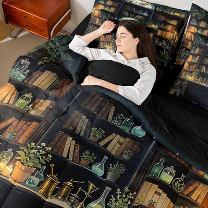 Erosebridal Gothic Witchy 7 Piece Bedding Set Full Dark Academia Bookshelf Comforter Set with Sheets Vintage Witchy Bookshelf Bed in a Bag Gothic Book Lover Bed Sets Comforter