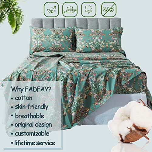 FADFAY Twin XL Floral Sheets for College Students Percale Cotton Chic Teal Blue Orange Bed Sheet Set Shabby Vintage American Country Bedding Dorm Room Soft Breathable Deep Pocket Fitted Sheet 4Pcs