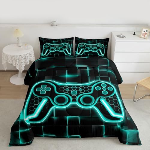 Feelyou Kids Gamer Comforter Set Full Size Teal Blue Black Bedding Set Boys