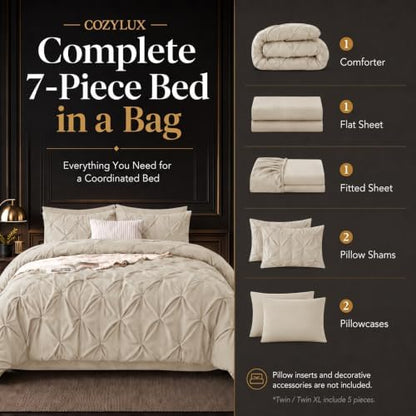 CozyLux California King Comforter Set Oatmeal, 7 Pieces Bed in a Bag