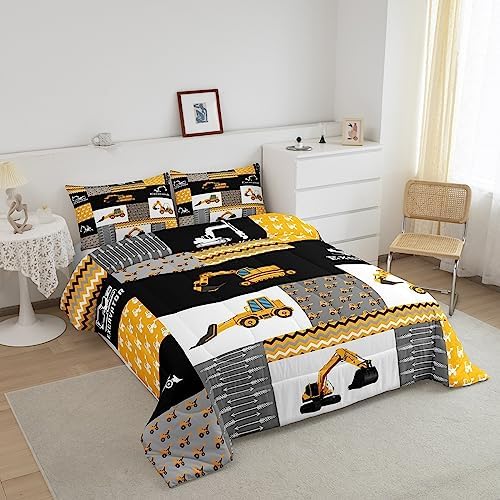 Feelyou Excavator Comforter Construction Vehicles Comforter Set Equipment Trucks Bedding Set for Children Kids Boys Girls Cartoon Car Duvet Set Geometric Lattice Room Decor Quilt Set Full Size Yellow