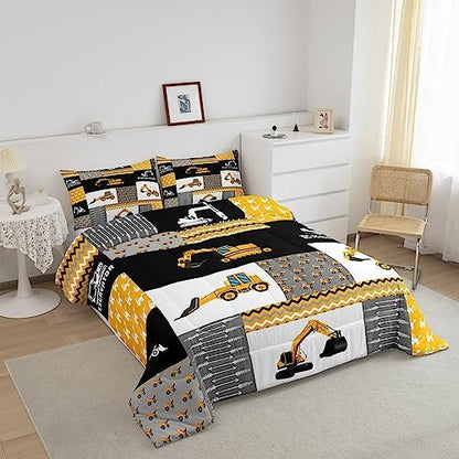 Feelyou Excavator Comforter Construction Vehicles Comforter Set Equipment Trucks Bedding Set for Children Kids Boys Girls Cartoon Car Duvet Set Geometric Lattice Room Decor Quilt Set Full Size Yellow