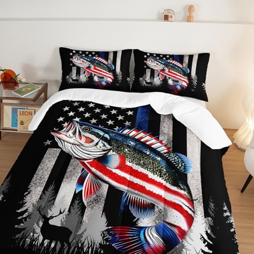 HOSIMA Soft Microfiber Black Queen Comforter Set with 2 Pillowcases,American Flag Striped Bass Pattern Bedding Sets,Fishing Comforter Kids Men Boys Room Decor,Bed in a Bag Queen Size for Teens.