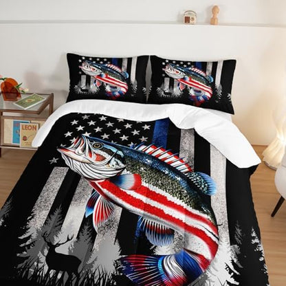 HOSIMA Soft Microfiber Black Queen Comforter Set with 2 Pillowcases,American Flag Striped Bass Pattern Bedding Sets,Fishing Comforter Kids Men Boys Room Decor,Bed in a Bag Queen Size for Teens.
