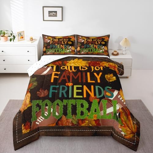 American Football Comforter Set Fall Maple Leaves Quilt Set 2pcs Brown Rustic Farmhouse Wooden Board Bedding Set for Kids Teens Adults Room Decor Soccer Sports Game Duvet Insert Twin Size