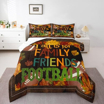 American Football Comforter Set Fall Maple Leaves Quilt Set 2pcs Brown Rustic Farmhouse Wooden Board Bedding Set for Kids Teens Adults Room Decor Soccer Sports Game Duvet Insert Twin Size