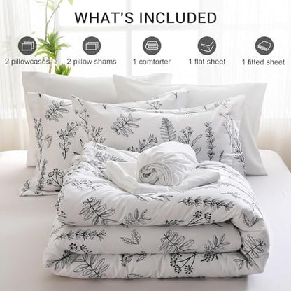 MUXHOMO White King Comforter Set, Elegant Floral Print Bed in a Bag 7 Pieces, Ultra Soft & Breathable Reversible Botanical Pattern Bedding Set with Comforter, Sheets, Pillowcases, and Shams
