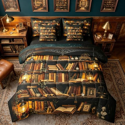Erosebridal Vintage Bookshelf 7 Piece Bedding Set Queen Antique Library Comforter Set with Sheets Academia Bookcase Bed in a Bag Retro Magic Reading Bed Sets Comforter