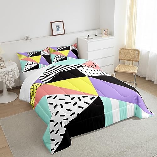 Manfei Memphis Comforter Set Full Size, Geometric Triangle Pattern Quilt Set with 2 Pillowcases, Retro 80s 90s Fashion Style Bedding Set 3pcs for Kids Boys Girls Lightweight Duvet Insert