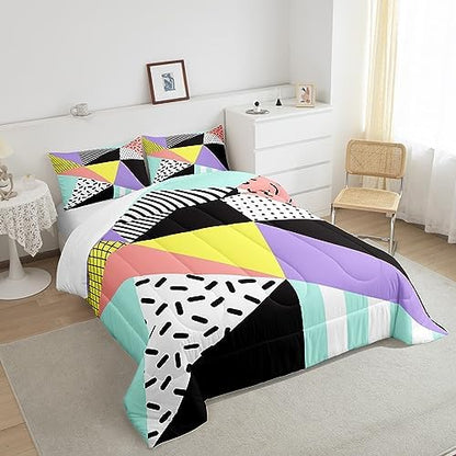 Manfei Memphis Comforter Set Full Size, Geometric Triangle Pattern Quilt Set with 2 Pillowcases, Retro 80s 90s Fashion Style Bedding Set 3pcs for Kids Boys Girls Lightweight Duvet Insert