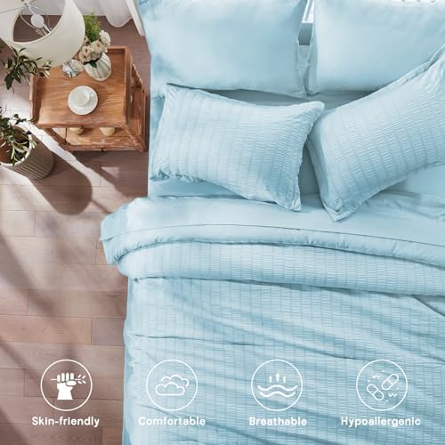 Full Size Comforter Sets 7 Piece, Light Blue Bed in a Bag Full Bedding Set