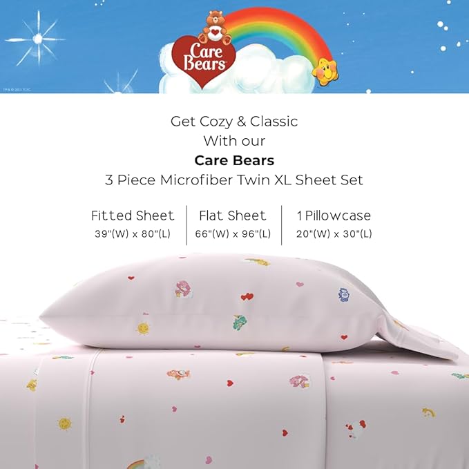 Collectibles Care Bears Bedding Super Soft Cotton Sheet Set, 3 Piece Twin XL, College Dorm Essentials (Officially Licensed Product) By Franco