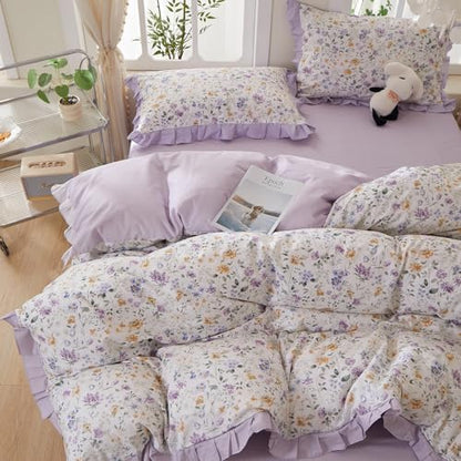 mixinni Floral Duvet Cover Set Twin XL Size, 100% Cotton 3-Piece Bedding Set with Ruffled Lace, Reversible Lavender Wildflower Ruffle Design, Soft Aesthetic Cottagecore Duvet Cover with Zipper Closure