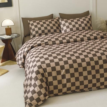 Wellboo Brown Plaid Comforter Sets California King Dark Brown and Cream Coffee Checkerboard Grid Bedding Comforters Cal King Women Men Taupe Checkered Geometric Quilts Soft Luxury Brown Abstract Bed