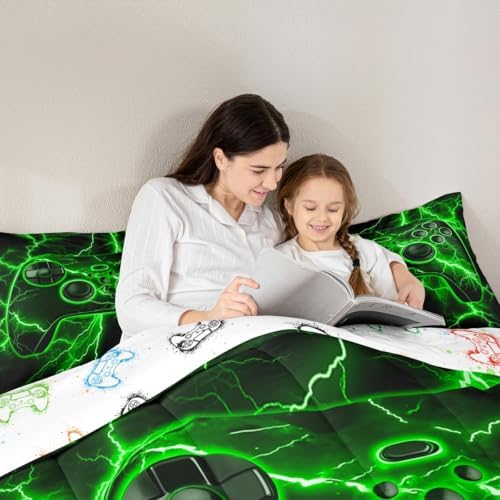 Erosebridal Gamer Comforter Set Gaming King Bedding Set, Video Game Console Comforter Green Lightning Duvet Insert,Boys Bedroom Decor