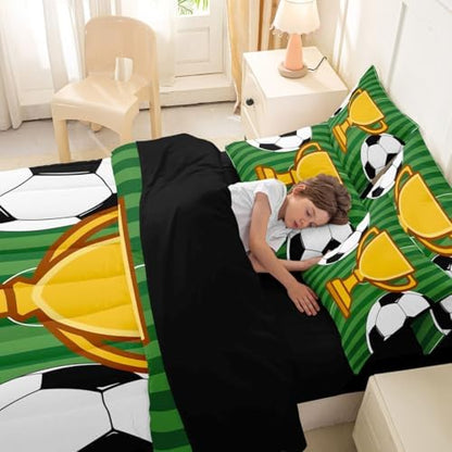 Erosebridal Soccer Gaming Boys Kids Football Court Green 7 Piece Bedding Set Twin | Sports Theme Playground Comforter Set with Sheets Ball Games Bed in A Bag Striped Geometric Bed Sets