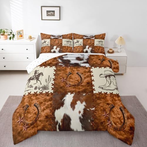 jejeloiu Cow Fur Print Kids Comforter Set King Size Animal Skin Bedding Set Checkered Duvet Quilt for Kids Boys Girls Bedroom Decor Microfiber Ultra Soft Breathable