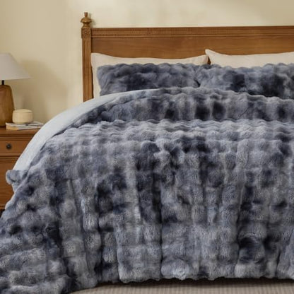 BEDELITE Tie Dye Faux Fur Comforter Set Twin,Thick Winter Comforter,Grey