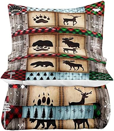 LUVIVIHOME 2PCS Rustic Farmhouse Cabin Comforter Set Twin Size, Bear Elk Moose Deer Bedding Sets, Forest Animal Wildlife Hunting Country Lodge Green Red Plaid Brown Patchwork Quilt, 1 Pillow Sham