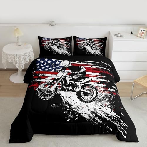 Feelyou Dirt Bike Rider Bedding Set Soft for Boys Girls, Splatter Print Comforter Set Queen Off-Road Racing Duvet Quilt Microfiber Outdoor Sports Bedroom Decor Motocross Art 3 Pcs with 2 Pillow Cases