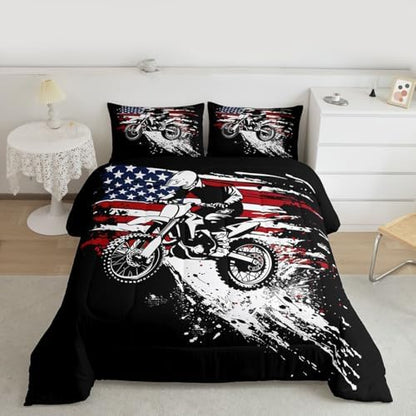 Feelyou Dirt Bike Rider Bedding Set Soft for Boys Girls, Splatter Print Comforter Set Queen Off-Road Racing Duvet Quilt Microfiber Outdoor Sports Bedroom Decor Motocross Art 3 Pcs with 2 Pillow Cases