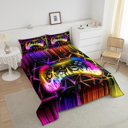 Castle Fairy Boys Gamer Bed Comforter Set Queen Size,Video Game Gamepad Super Soft Microfiber Bedding Set for Adults Men,Kids Gaming Modern Decorative Comforter Set,3 Pcs