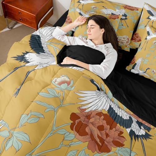 Erosebridal Red Crowned Crane Comforter Set Japanese Ukiyo-E Bed in A Bag Full Size 7 Pieces Vintage Floral Bed Set Room Decor Red Leaves Branch Asian Culture Bedding with Sheets