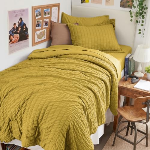 HYMOKEGE Mustard Yellow Twin XL Comforter Set Seersucker 5 Pieces, All Season Luxury Bed in a Bag for Bedroom, Bedding Set with Comforter, Sheets, Pillowcase & Sham
