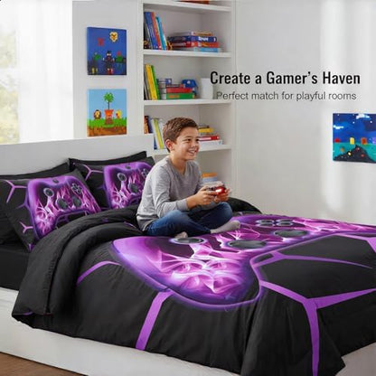 ZRNBAST Purple Gamer Bedding Set 6 Pieces Bed in a Bag Full Comforter Set