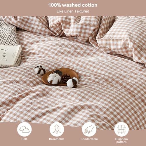 SAPHREAS Gingham Duvet Cover Set King Size, 100% Washed Cotton Linen Like Plaid Comforter Cover with Zipper Closure & Corner Ties (No Comforter), 104x90 Taupe