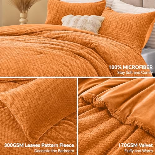 ChiXpace Fleece Twin Comforter Set Burnt Orange, Fluffy Bed Set 2 Pieces