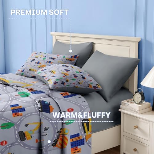 Nesker Twin Comforter Set for Boys, 5 Pieces Truck Bedding for Kids