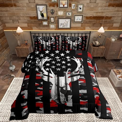 Camo American Flag King Size Comforter Sets for Kids,Deer Antlers Red Camouflage Bedding Flags for Room Teens,Wild Animal Hunting Farm Branches Leaves Stars Stripes USA Flag Down Comforter