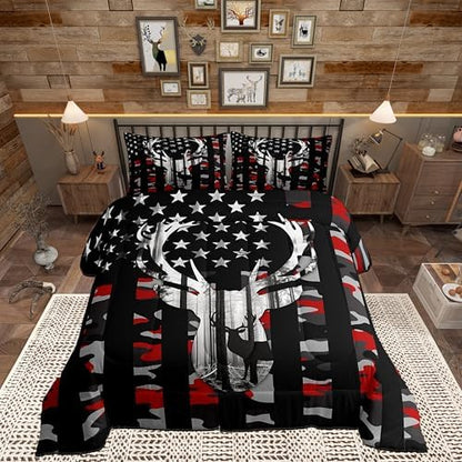 Camo American Flag King Size Comforter Sets for Kids,Deer Antlers Red Camouflage Bedding Flags for Room Teens,Wild Animal Hunting Farm Branches Leaves Stars Stripes USA Flag Down Comforter