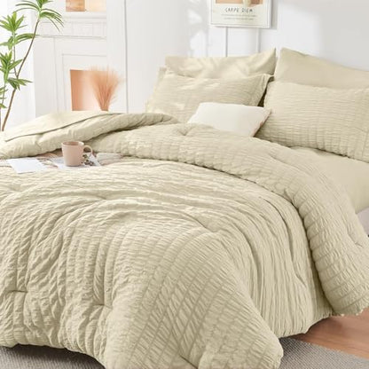 HYMOKEGE Oatmeal Twin XL Comforter Set Seersucker 5 Pieces, All Season Luxury Bed in a Bag for Bedroom, Bedding Set with Comforter, Sheets, Pillowcase & Sham
